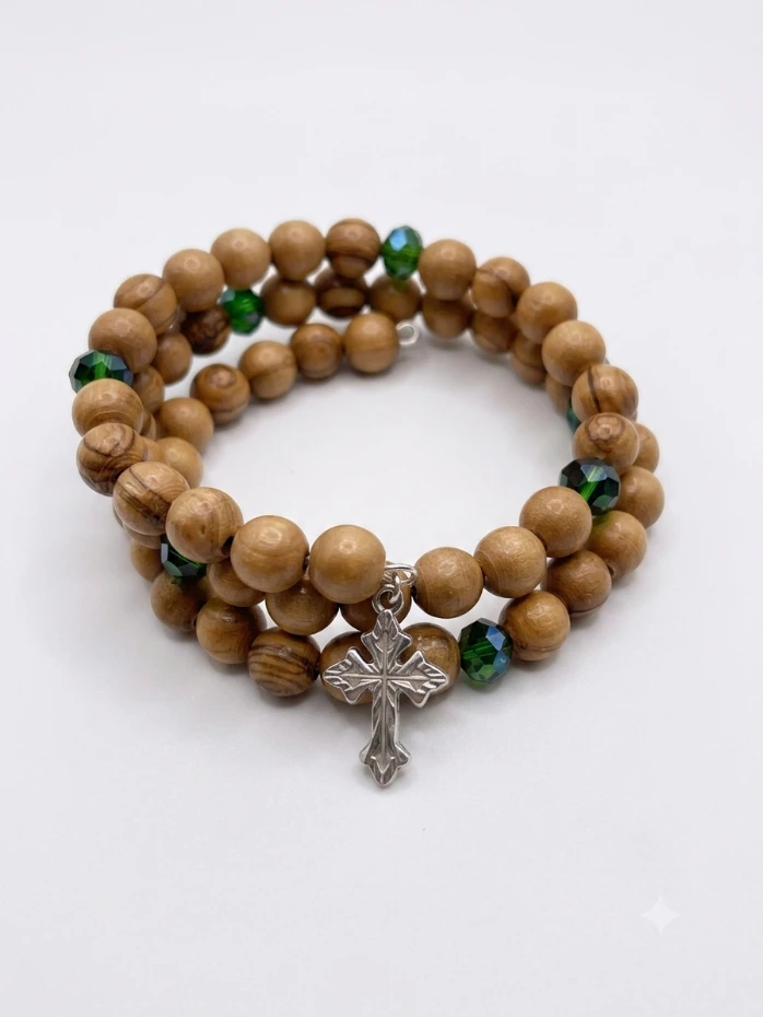 Handmade Wrap Around Olive Wood Bracelet With Green Bead Detail With Silver Cross