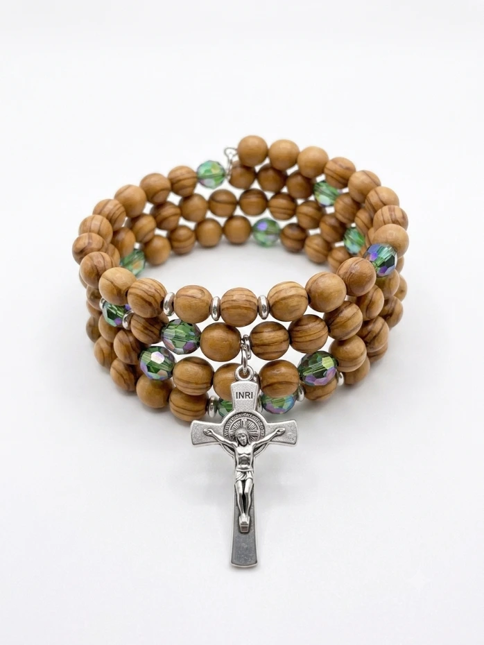 Handmade Wrap Around Olive Wood Bracelet With Green Bead Detail With Silver Cross