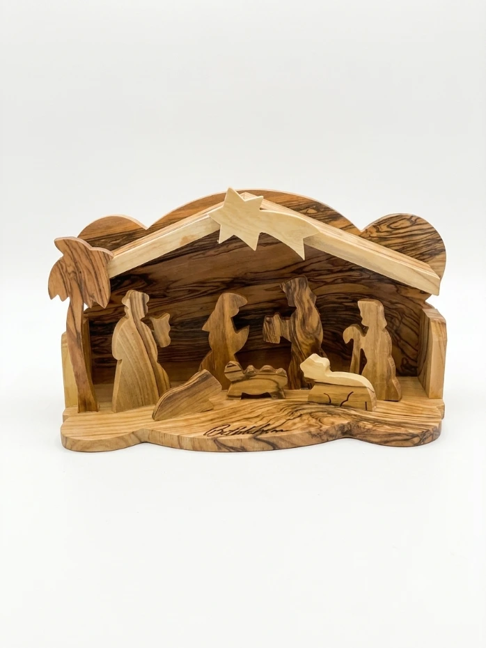 Hand Carved Olive Wood Nativity Scene: Rustic Bethlehem Decor