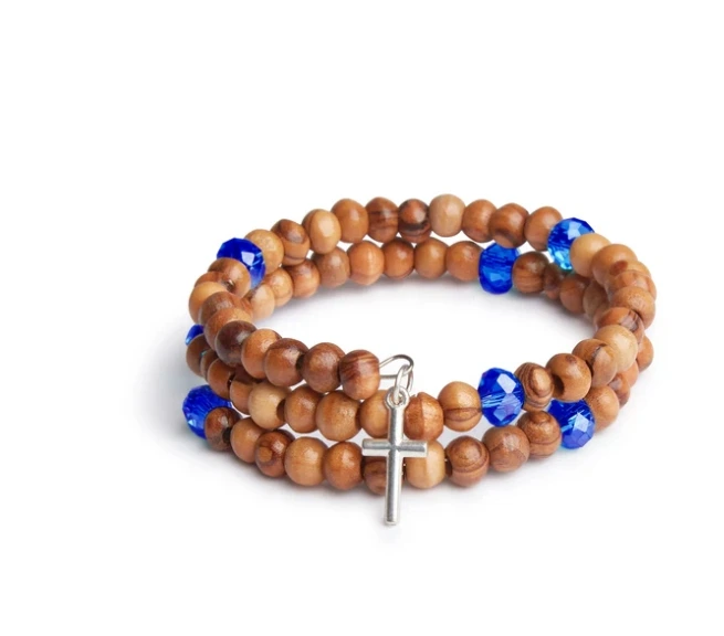 Handmade Wrap Around Olive Wood Bracelet With Dark Blue Bead Detail With Silver Jerusalem Cross